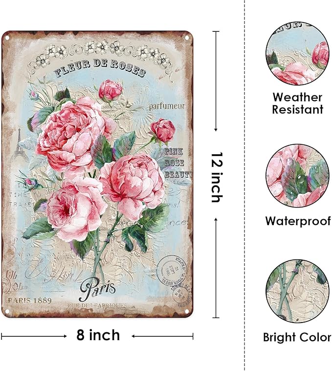 Sanwarm Metal Sign 8X12 Inch, Pink Floral Rose Vintage Tin Sign Wall Art Decor for Home, Living Room, Kitchen, Garden, Bedroom, Office, Hotel, Cafe And Pub Decoration