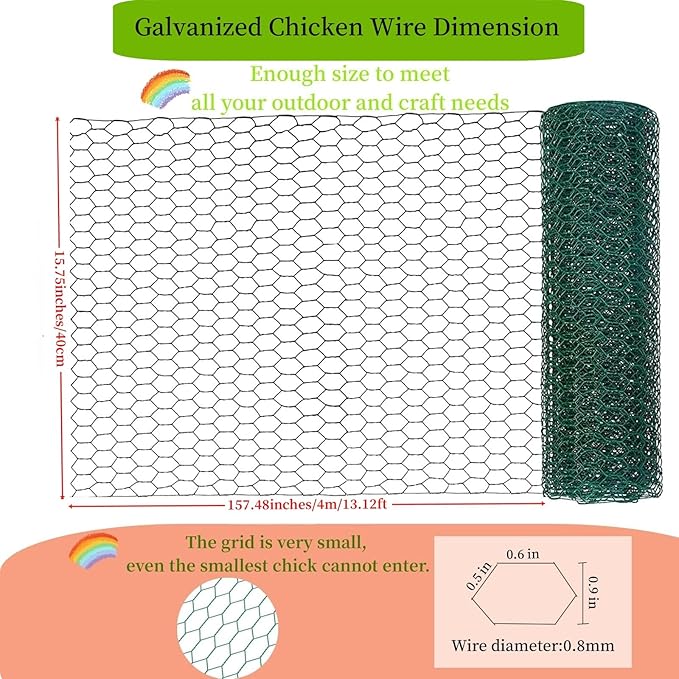 Chicken Wire for Floral Arrangements, 15.75" x 157.48" Green Floral Chicken Wire Mesh, 0.6" Anti-Rust Hexagonal Galvanized, PVC Coated Hardware Cloth Metal Netting for Crafts Poultry Garden Fencing