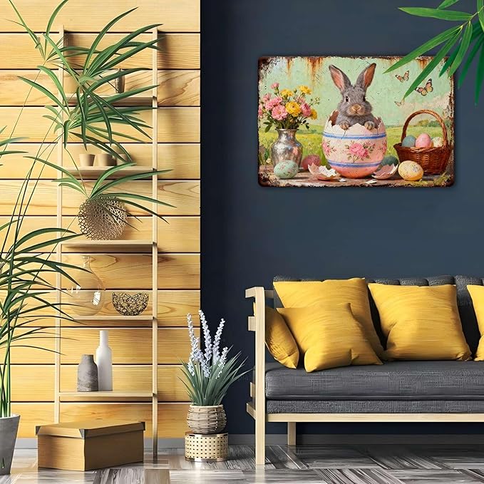 YoyaVex Vintage Easter Bunny Metal Sign Cute Rabbit Design Rustic Farmhouse Wall Art For Home Garden Outdoor Bar Cafe Decor Holiday Renovation 8X12Inch