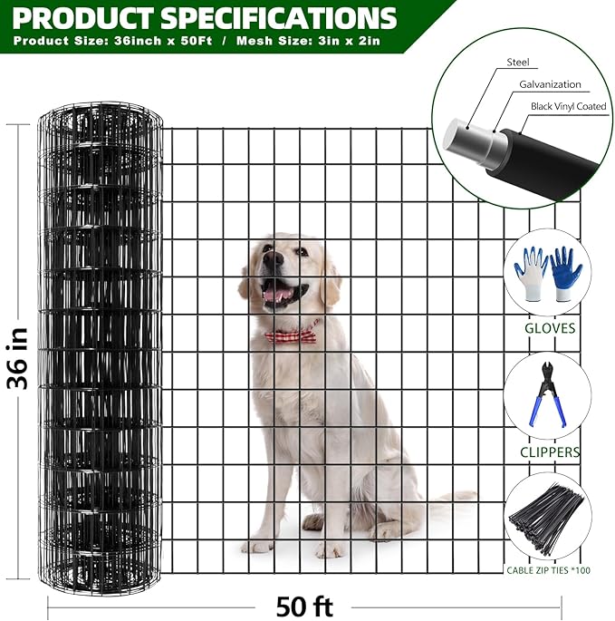 Welded Wire Fence, 50ft(L) x 36inch(H) PVC Coated Wire Fencing for Dog, 2 Inch x 3 Inch 16GA Fencing for Chicken, Anti-Rust Roll Metal Wire Mesh Fence for Yard Vegetable, Black