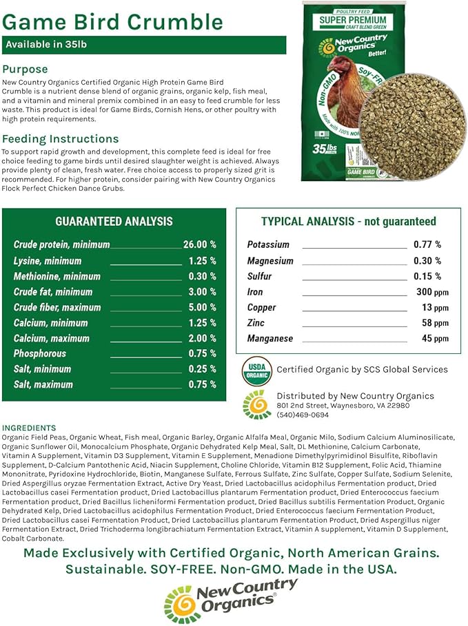 New Country Organics Certified Organic Gamebird Crumbles, Soy Free, 35 lbs