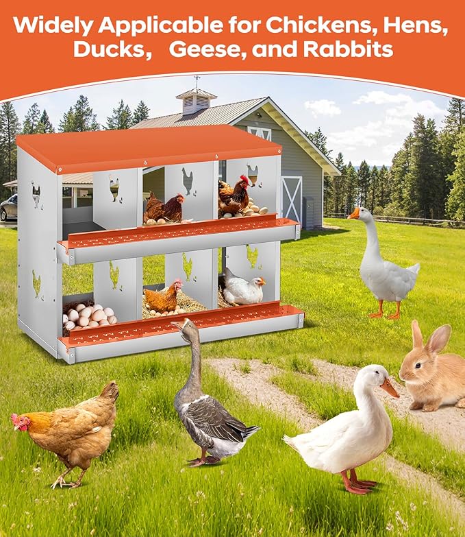 Chicken Nesting Box,6 Compartments Nesting Box for Chickens, Two-Tier Galvanized Metal Wall Mount Chicken Egg Laying Box with Large Vented Holes for Easy Egg Collection ﻿