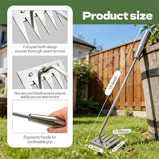 2Pcs Weed Puller Tool, 2026 Portable Manual Weeding Tools Gardening, 5 Teeth Head Stainless Steel Hand Garden Weeding Rake, Weed Remover Tool for Gardening Backyard Yard Farm Planting Weeding