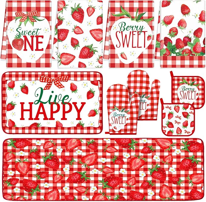 10 Pcs Strawberry Kitchen Dish Towels Rugs Oven Mitts and Pot Holders Set Farmhouse Kitchen Decor Set for Women Mom Daughter Gift Cooking Baking Grilling (Red and White)