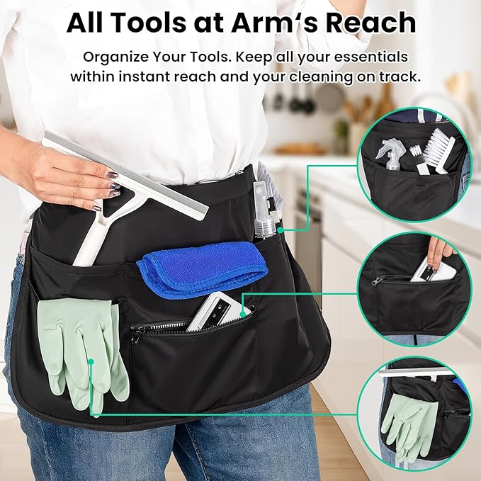 6-Pocket Cleaning Apron with Buckle, Splash-Proof Cleaning Caddy Apron, Adjustable Waist Belt with Zipper, Soft Heavy Sateen Housekeeper Aprons, Half Aprons for Housekeeping Work Supplies - Black