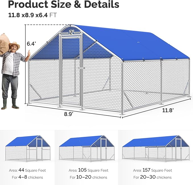 Large Metal Chicken Coop with Hexagonal Chicken Wire, Chicken Coop Run Pen for Yard with Waterproof Cover, Outdoor Large Walk-in Chicken Coops for 20 Chickens Duck Pen House Cage Run