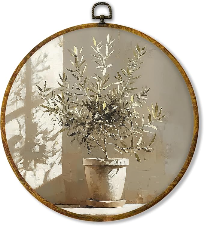 Hiuwevt Vintage Rustic Olive Tree Round Wall Art Decor, Country Neutral Botanical Framed Canvas Prints, Antique Vase Cottagecore Round Wall Hanging Decor for Home Kitchen Decorations, 10x10 Inches