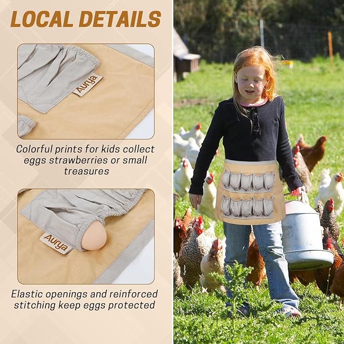 Aurya Kids Egg Collecting Apron - Chicken, Hen, Duck, Goose Gathering Holder for Children