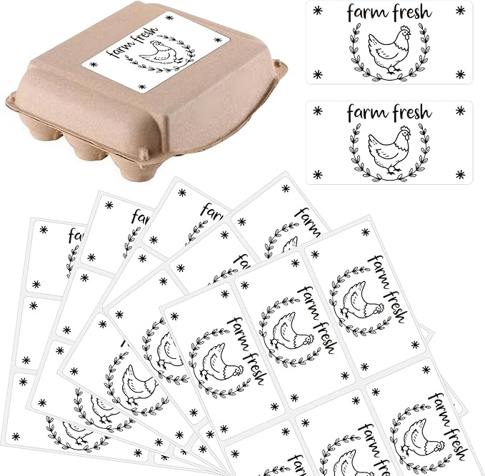 60Pcs 2" x 4" Farm Fresh Egg Carton Sticker Rectangle White Self Adhesive Fresh Egg Labels Cartoon Packaging Stickers Tags for Box Containers Business Farmhouse Market Supplies