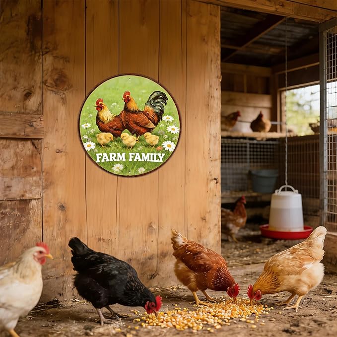 Round Vintage Chicken Metal Sign Farm Family Chicken Coop Sign Home Kitchen Coffee Wall Decor Art Poster 12 Inch