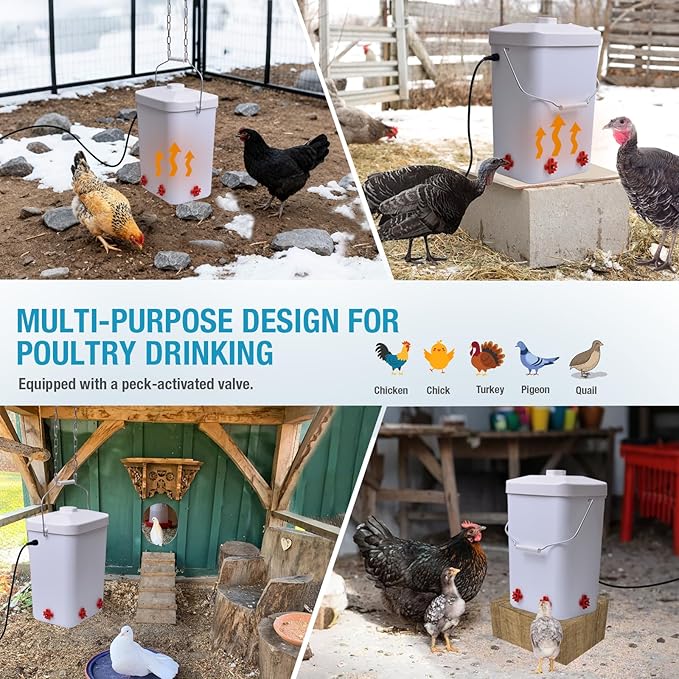 3 Gallon Chicken Waterer Bucket for Coop, All-Season Poultry Waterer with Thermostat Heater, Freeze Proof Design, 4 Installation Options, 9.8 ft Power Cord for Backyard Chickens & Small Farms