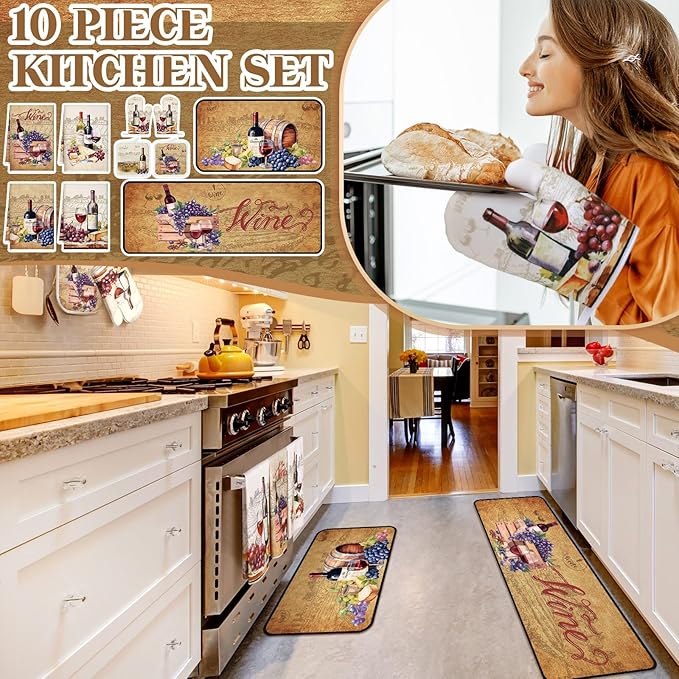 10 Pcs Wine Kitchen Dish Towels Rugs Oven Mitts and Pot Holders Set Farmhouse Kitchen Decor Set for Women Mom Daughter Gift Cooking Baking Grilling (Rustic Color)