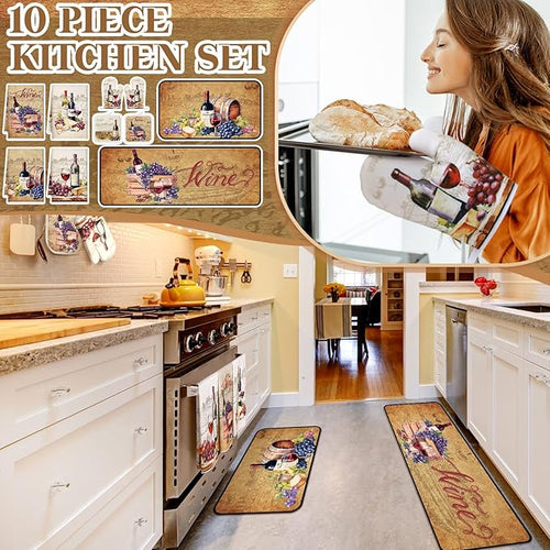 10 Pcs Wine Kitchen Dish Towels Rugs Oven Mitts and Pot Holders Set Farmhouse Kitchen Decor Set for Women Mom Daughter Gift Cooking Baking Grilling (Rustic Color)