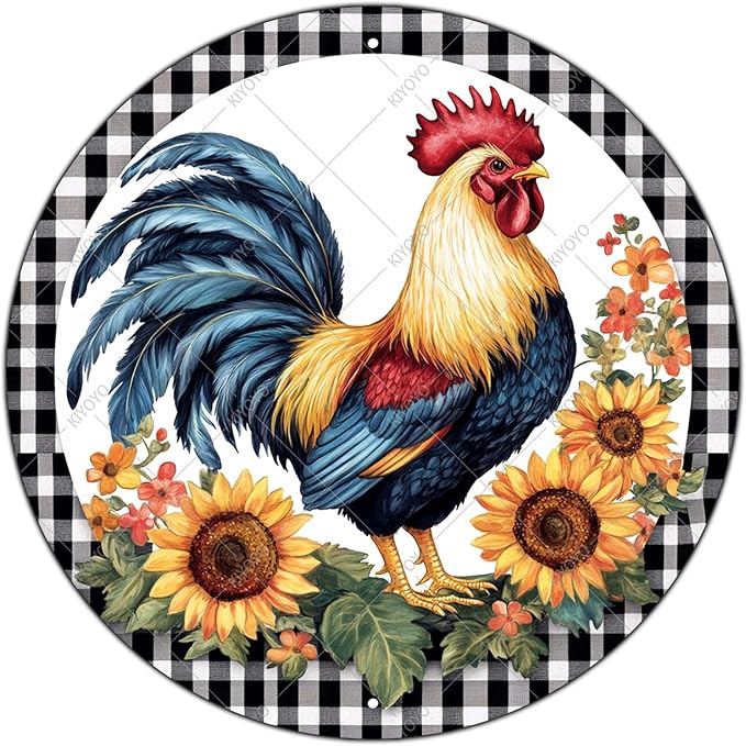 Round Metal Tin Sign Rustic Wall Decor Plaque Rooster Chicken Farm Animal Wreath Sign,Suitable for Home Garden Kitchen Bar Cafe Restaurant Garage Wall Decor Retro Vintage 12 Inch