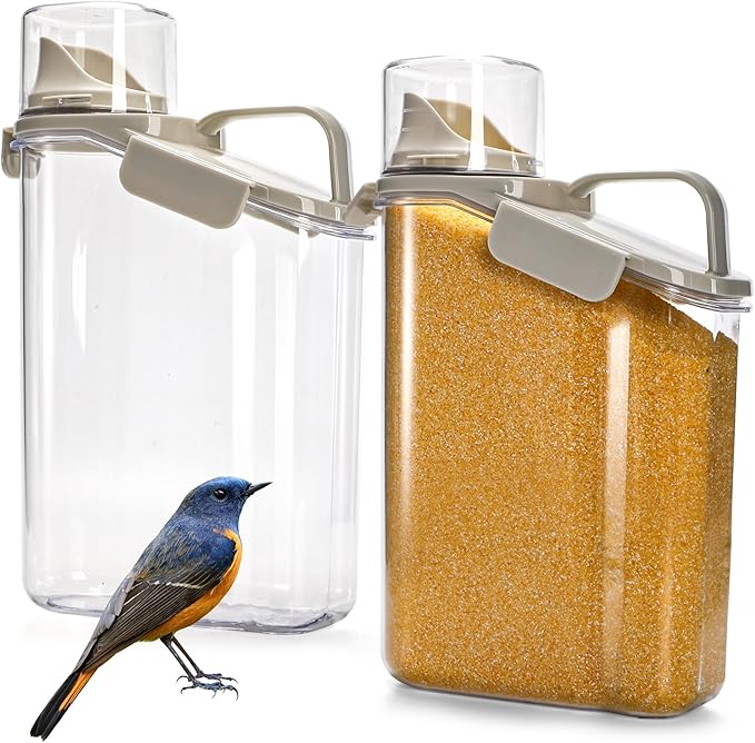DEAYOU 2 Pack Bird Seed Storage Container, 3 Qt/2.8 L Airtight Cereal Storage Bin with Pour Spout and Measuring Cup, BPA Free Plastic Water Pitcher with Handle for Rice, Grain, Flour, Pet Food