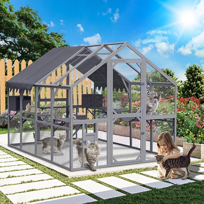 KEIKI 110"L Outdoor Large Chicken Coop with Waterproof Cover, Roosting Platform, Wire Mesh & 2 Lift Small Doors with Locks, Wood Chicken Coop House with Run for Cat Kitten Playpen, Duck, Rabbit, Quail