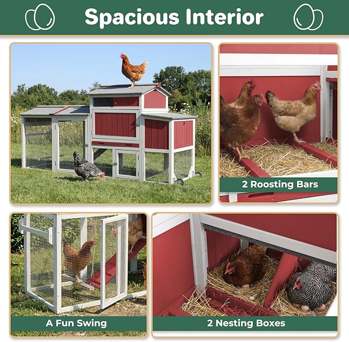 Chicken Coop with Run, Mobile Chicken Tractor Hen House Weatherproof with Wheels, Nesting Box, Roosting Bars, Pull-Out Tray, Asphalt Waterproof Roof & Fun Swing for Chickens Quails Small Animals