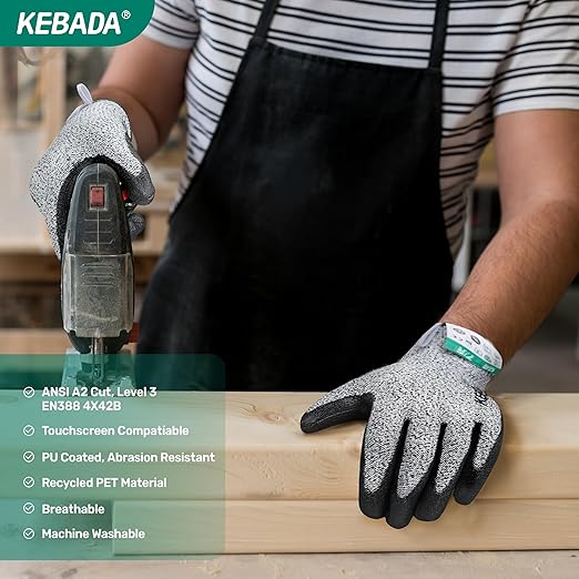 Kebada C2 Cut Resistant Gloves, ANSI A2, PU-Coated Work Gloves with Grip, Touchscreen Compatible, Ideal for Safety Protection & Anti-Cut Tasks, 12 Pairs, Large