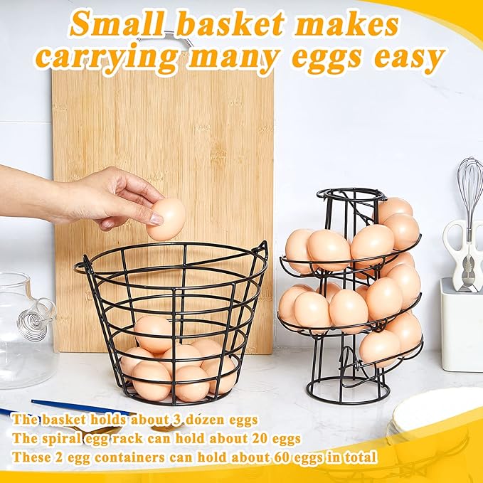 Zubebe 2 Pcs Egg Basket Storage, Spiral Fresh Egg Collecting Holder Countertop Metal Wire Rack Functional Dispenser for Kitchen Display(9.4'',handle Style)