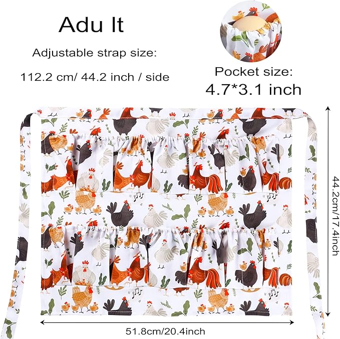 Egg Collecting & Gathering Apron with 12 Pockets - Chicken Egg Apron for Women/Men, Fresh Eggs Collection (Hen Design, Gifts for Chicken Keepers)