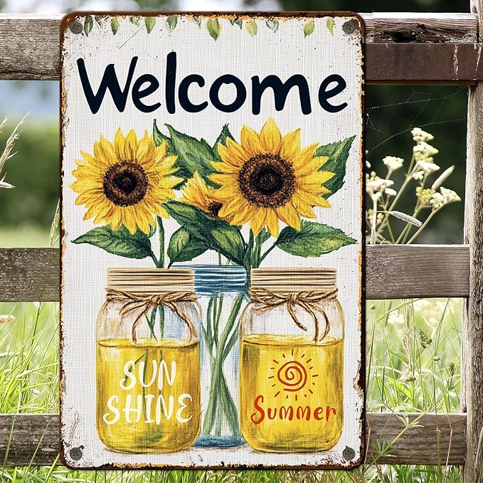 Summer Welcome Sign Wall Art Decor Welcome Floral Ornaments Iron Plaque Sign for Club Bar Garage Wall Decor 8x12inch