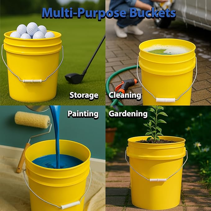 5-Gallon Bucket with Airtight Lid – Made in USA, Food Grade BPA Free Plastic, Heavy Duty Multi-Use, Metal Handle with Grip, Stackable Storage – Yellow, 3 Pack