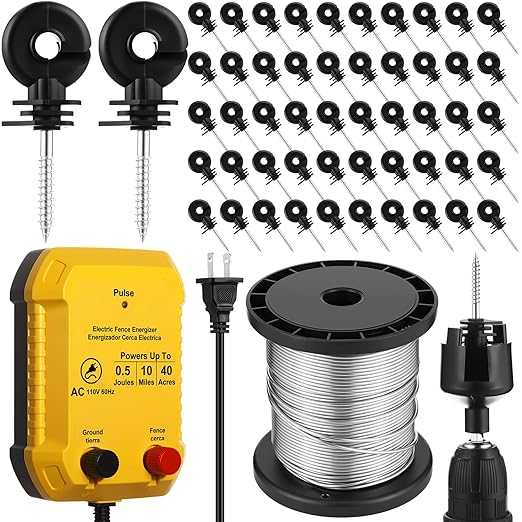 Electric Fence for Preventing Animals Intruding 2 Mile 110VAC 0.5 Joule Electric Plug in Fence, 50 Black Insulator and 1 Socket Tool 250ft Aluminum Wire for Animals and Keep Out Predators