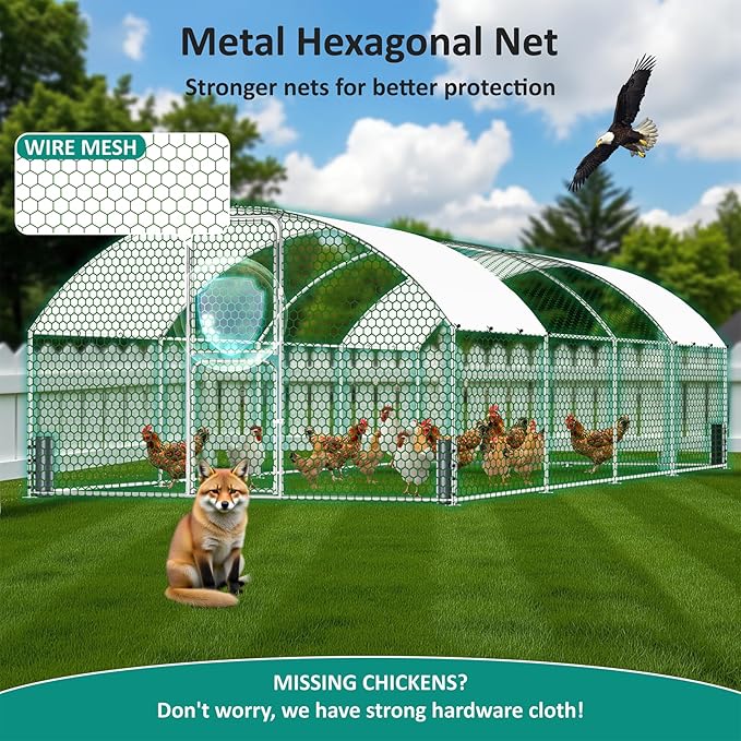 Large Metal Chicken Coop, Walk-in Chicken Run with Feeding Door, Security Lock and Cover, Outdoor Duck/Rabbit Cage Poultry Pen for Backyard, Farm, Yard (Silver - Dome Roof, 26.2 x 9.8 x 6.6 FT)
