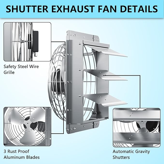12 Inch Shutter Exhaust Fan, Aluminum Wall Mounted Exhaust Fan, 1030 CFM High Speed Automatic Shutter Attic Fan, Vent Fan For Greenhouse,Shed,Shop,Garage