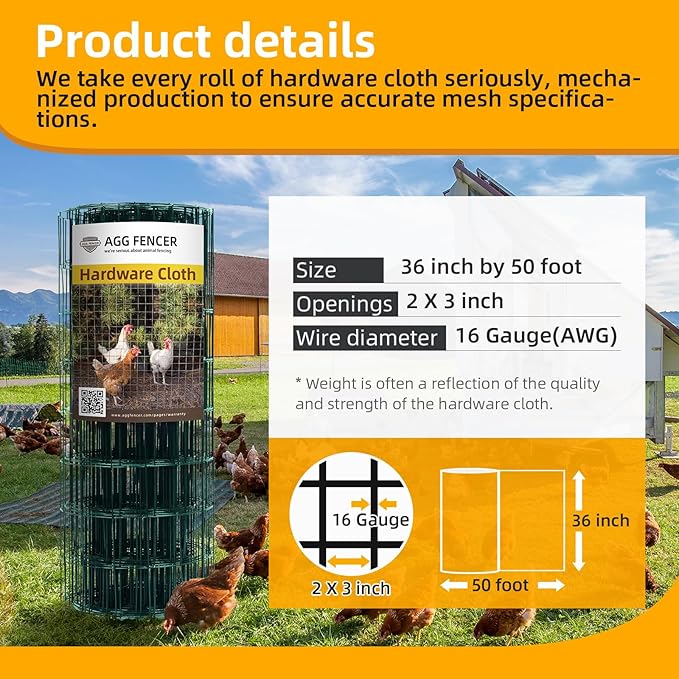36in x 50ft Green Hardware Cloth 2x3 inch 16Ga PVC Coated Wire Mesh Vinyl Coated Fence, Welded Metal Chicken Wire Fencing Roll, Garden Plant Fencing, for Chicken Coop and Home Improvement