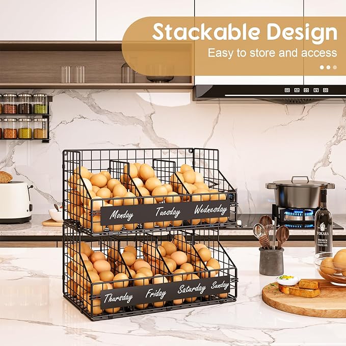 keomaisyto Egg Holder Countertop with 5 Dividers & DIY Labels to Separate Eggs, 2-Tier Stackable Wire Baskets, XXL Egg Basket for Gathering Fresh Eggs - Egg Organizer for Wall-Mounted(Patent Pending)
