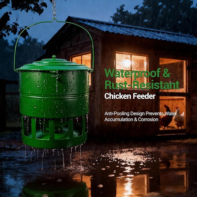 Metal Hanging Chicken Feeder No Waste, Rain-Proof Automatic Chicken Feeders, No-Spill Poultry Feeder, Rat Proof Gravity Chicken Feeder with 12 Ports for Farm & Backyard Chicken Coop