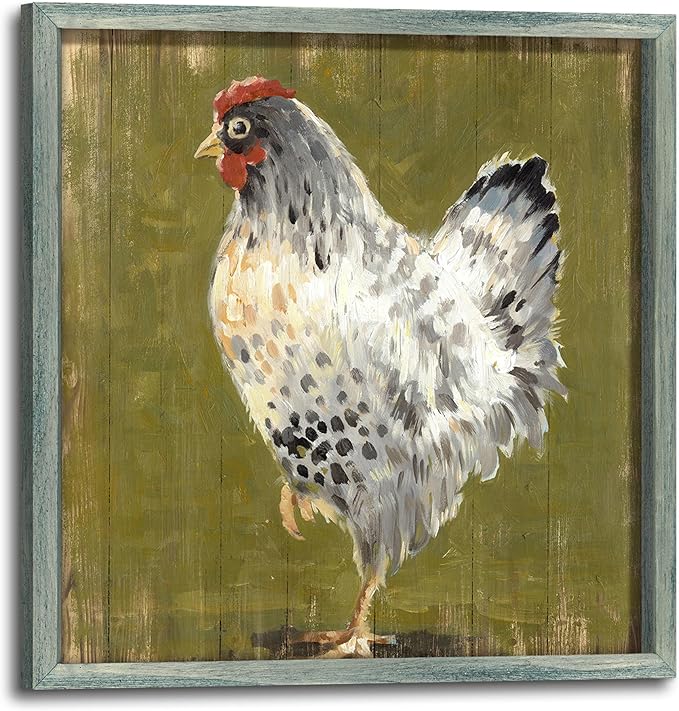 Farmhouse Wall Art Kitchen Picture: Farm Animal Wooden Framed Print Rustic Country Chicken Hen Artwork Painting Decor for Bedroom Bathroom Living Room 16 x 16 Inches