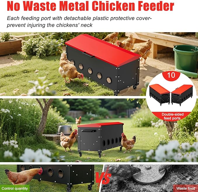 Large Capacity Chicken Feeder, 120lbs Automatic Poultry Feeder with Wheels, Galvanized Steel Metal, Weatherproof Lid & 10 Feeding Ports Design for Hens, Ducks, Geese, No Waste Outdoor Feeder
