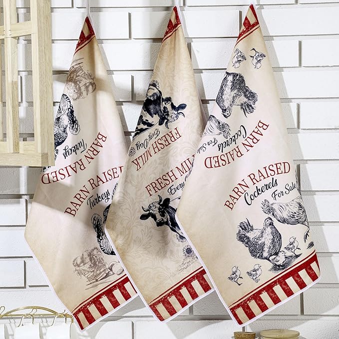 Bencailor 6 Pcs Farmhouse Kitchen Towels Chicken Rooster Kitchen Decor Farm Animal Hand Towels for Cooking Baking Housewarming Gift,15.75 x 23.62 inch(Red Black,Farmhouse)