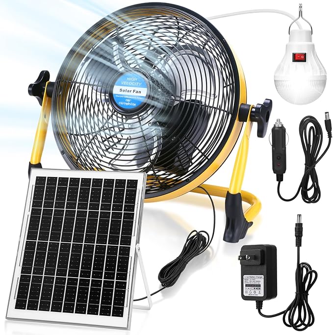 Sumind Solar Powered Fan 15000mah 20w Portable Ventilador Rechargeable Camping Fan Battery Powered with Panel and Light for Outside, Home, Travel, Chicken Coop, Shed, Greenhouse(Yellow,10 Inch)
