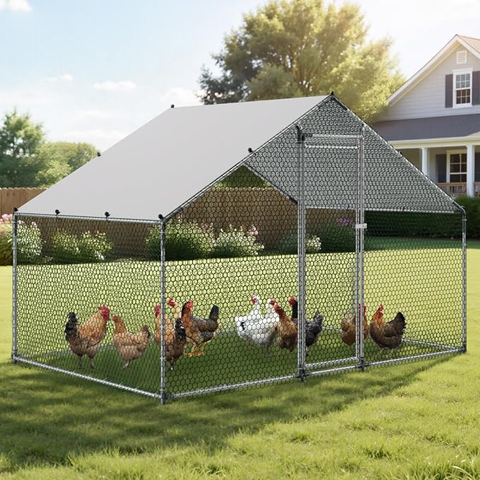 VEVOR Large Metal Chicken Coop with Run, Walkin Chicken Coop for Yard with Waterproof Cover, 6.5 x 9.8 x 6.5 ft, Spire Roof Large Poultry Cage for Hen House, Duck Coop and Rabbit Run