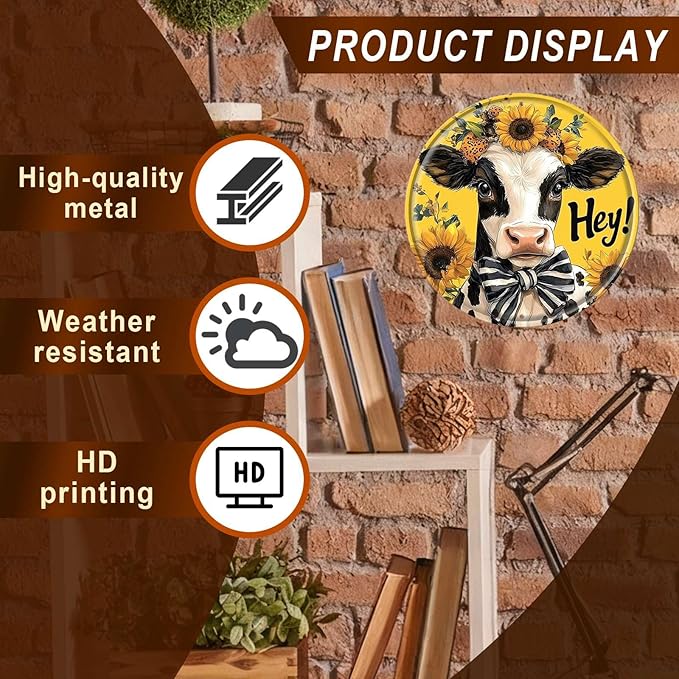 Cow Round Metal Tin Sign Wreath Hey Cow Farmhouse Wreath Rustic Vintage Western Wall Decor for Home Kitchen Bar Cafe Restaurant Garage Retro Wall Art Metal Plaque 8x8inch