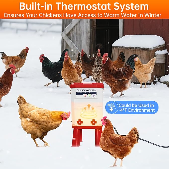 Heated Chicken Waterer, Thermostatically Controlled Poultry Water Heater for Winter, 4 Horizontal Nipples and 8 Support Legs, Anti-Freezing Watering System for Coop Accessories (Red, 3.2Gallon)