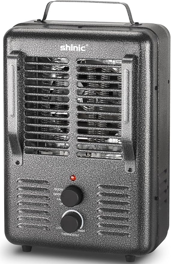 Shinic Space Heater,1500W Milkhouse Heater with Thermostat, Stay Cool Durable Metal Housing, Overheat protection, 3-Prong Plug, Tip-Over Auto Shut Off, Utility Heater for Garage, Bedroom, Greenhouse