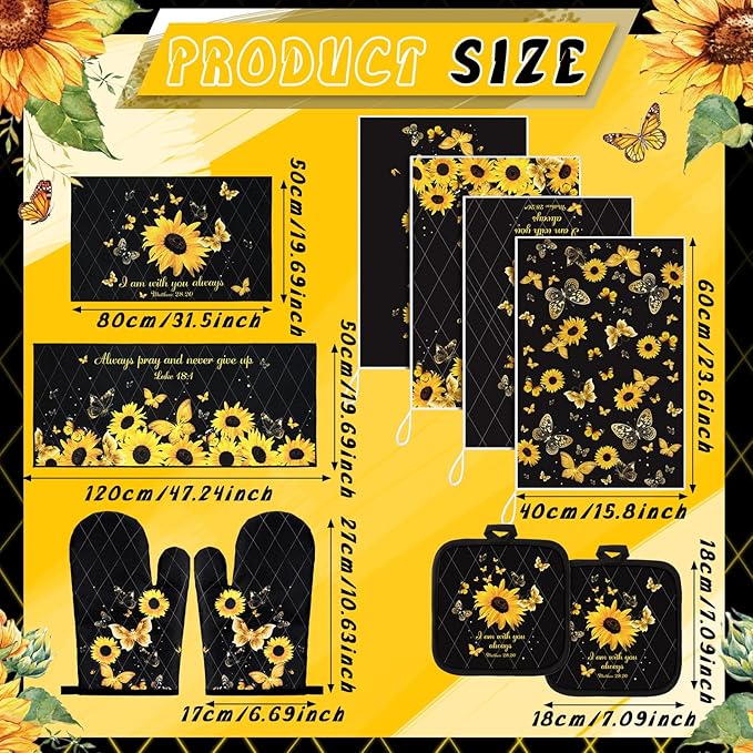 10 Pcs Sunflower Butterfly Kitchen Dish Towels Rugs Oven Mitts and Pot Holders Set Farmhouse Kitchen Decor Set for Women Mom Daughter Gift Cooking Baking Grilling (Bright Black)