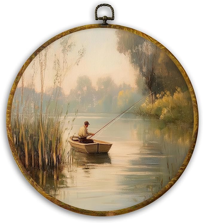 CUANFDDSF Vintage Fishing Round Wall Art, Fisherman In Rowboat Sunset Landscape Framed Hanging Wall Decor, Countryside Cottagecore Canvas Prints Decorations for Lake House Room, 10x10 Inch