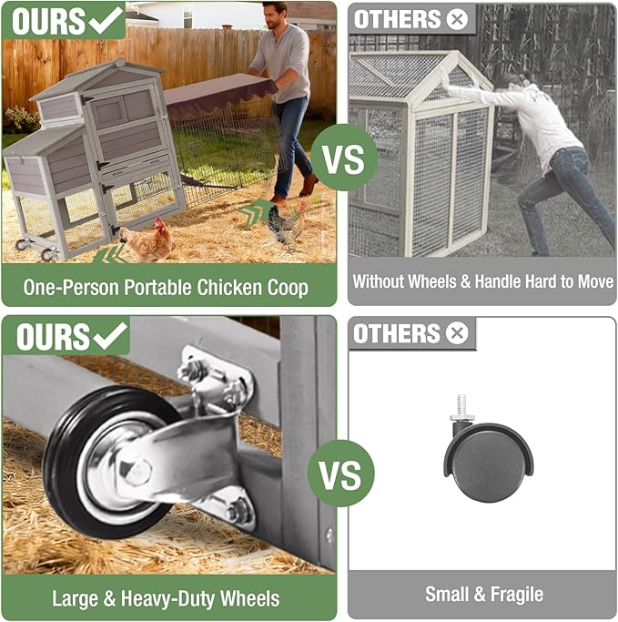 Mobile Chicken Coop with Run, Large Outdoor Wooden Poultry Cage Hen House with Wheels, Nesting Box, Pull-Out Tray, Waterproof Roof, Grey, 79.1" L x 25.2" W x 43.6" H, for 4-6 Chickens