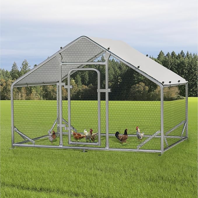 LEMBERI Metal Chicken Coop Spire Roof Walk in Chicken Run Pen for 6 Chickens, Galvanized Rabbits Duck Poultry Cage with Waterproof Cover for Outdoor,Backyard and Farm