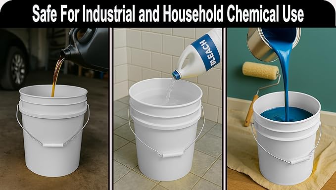 5-Gallon Bucket Only – No Lid Included, Made in USA, Food Grade BPA Free Plastic, Heavy Duty Multi-Use, Metal Handle with Grip, Stackable Storage – White, 6 Pack