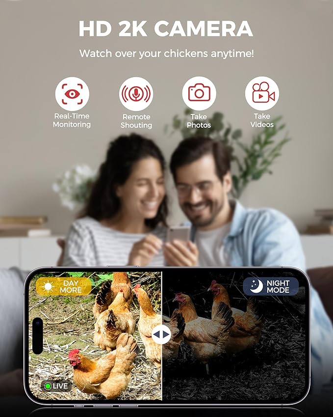 WiFi Automatic Chicken Coop Door with 2K HD Camera, Solar Powered Chicken Door with Anti-Pinch Function, Timer, Security Alarm, 9000mAh Battery, Chicken Coop Accessories