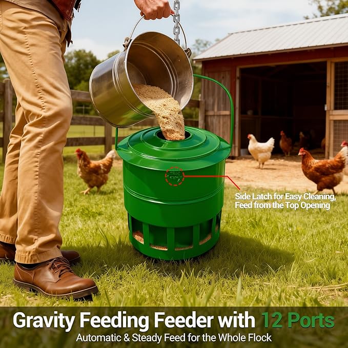Metal Hanging Chicken Feeder No Waste, Rain-Proof Automatic Chicken Feeders, No-Spill Poultry Feeder, Rat Proof Gravity Chicken Feeder with 12 Ports for Farm & Backyard Chicken Coop