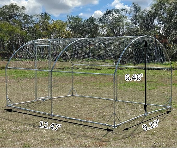 Large Metal Chicken Coop, Walk-in Poultry Cage Galvanized Hen Playpen House Dome Shaped Coop with Waterproof and Anti-Ultraviolet Cover and Lockable Door for Outdoor, Backyard Farm (12.5’ L x 9.2’ W)