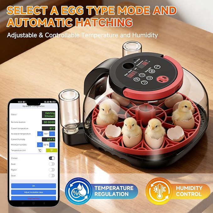 12 Egg Incubator with Camera, Humidity and Temperature Control, APP, Egg Candler, Automatic Egg Turner, 360° Clear View, Smart Incubators for Hatching Eggs, Chicken, Duck, Pigeon and Quail