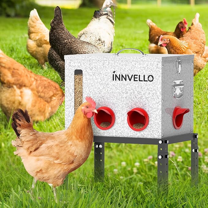 40LB Metal Chicken Feeder for Outdoor Coop, Galvanized Automatic Poultry Feeder with 6 Ports, Double Viewing Windows, Weatherproof Large Chicken Feed Container with Lid & Legs